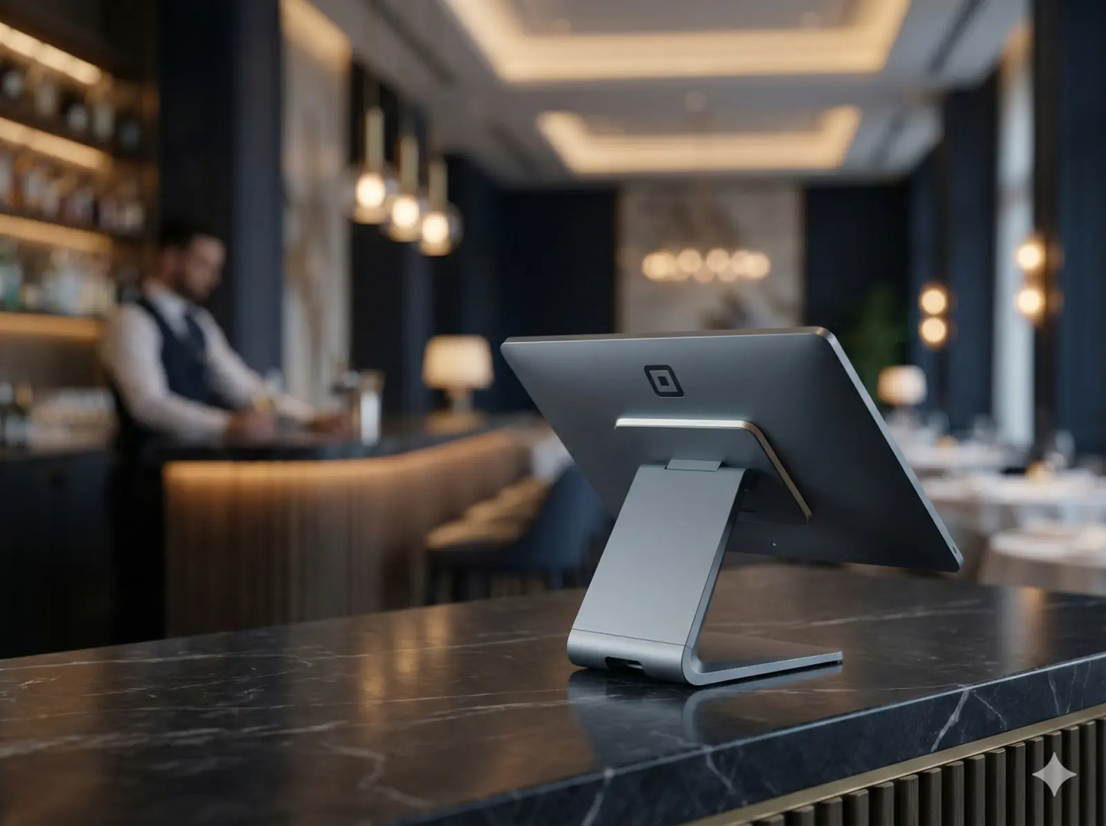 Digitaler Gutschein auf Smartphone in hochwertiger Hotel-Lobby.
